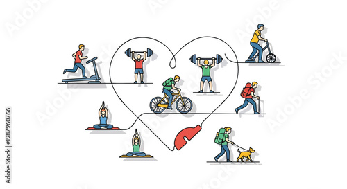 Vector illustration of people exercising and staying healthy forming a heart shape with connected lines