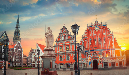  House of the Blackheads at Golden Sunset in Riga with Copy Space
