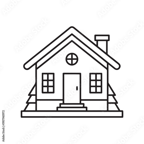 Simple line drawing of a house with a gable roof chimney and porch  residential architecture icon