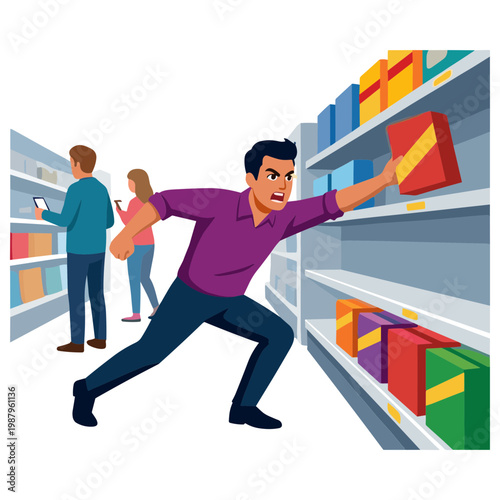 Man stealing colorful gifts from store shelves with customers nearby