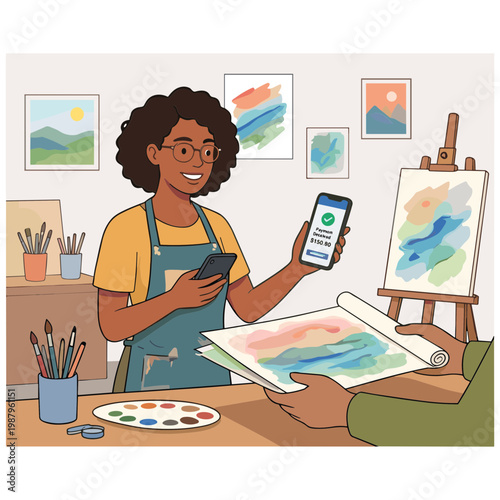 A woman shows a person her phone in an art studio with paintings and easel