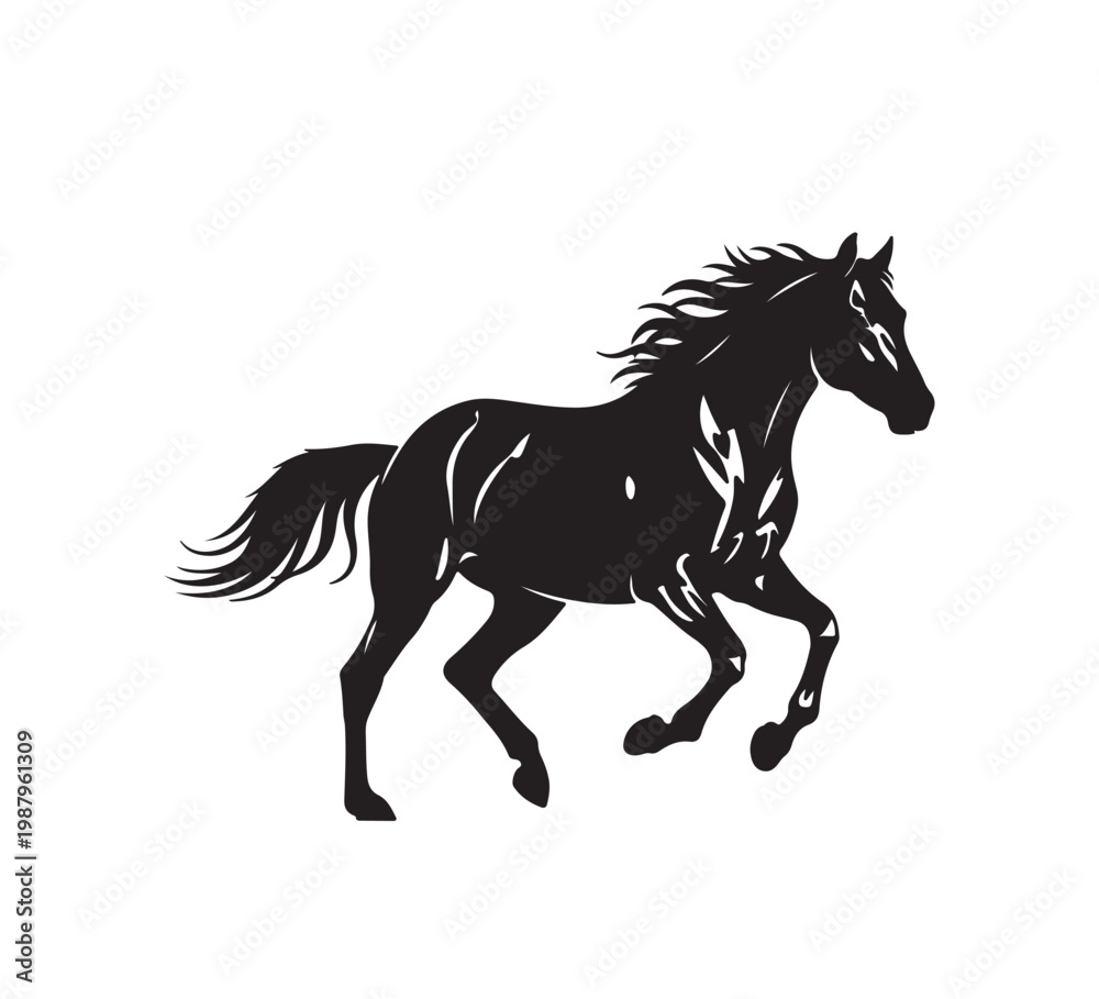 Obraz premium Dynamic black silhouette of a majestic horse in full gallop, capturing its power and wild spirit. This iconic equine illustration embodies freedom and speed