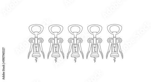 A row of five identical black and white line drawing illustrations of vintage corkscrew bottle openers