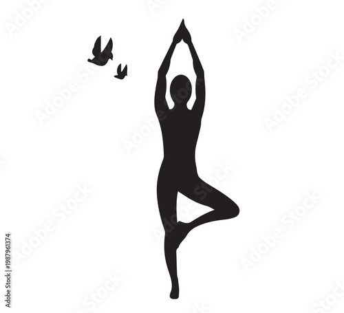 Peaceful yoga tree pose silhouette with birds, symbolizing balance, freedom, nature connection, and spiritual wellness