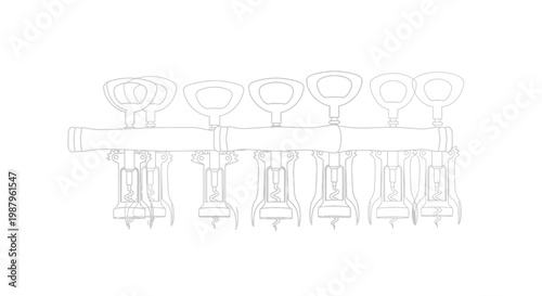 A linear arrangement of six vintage style corkscrews depicted as a black and white line drawing