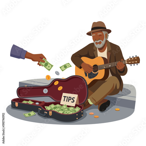 Street musician receives generous tips from a passerby while playing guitar