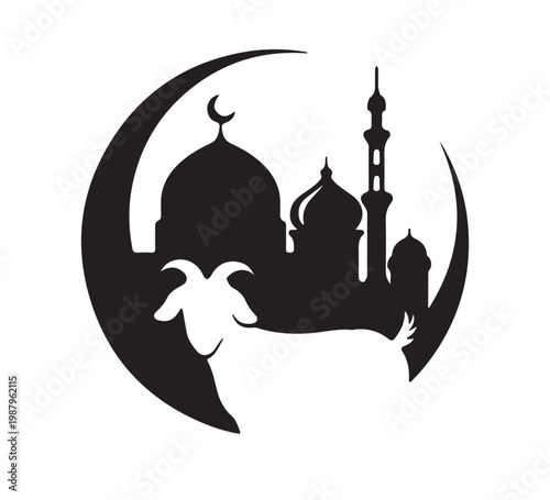 Stylized Islamic cultural celebration vector icon, featuring a mosque, crescent moon, and a goat, representing deep spiritual devotion and timeless communal tradition