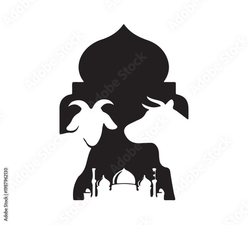 Stylized black and white silhouette design depicting a sacred mosque with a cow and goat, symbolizing an important Islamic cultural celebration and ritual sacrifice