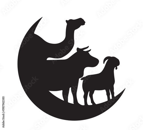 Symbolic crescent moon and sacrificial animals, representing devotion, tradition, and communal celebration. A stylized graphic emblem for cultural festivities