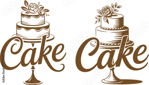 Two variations of two tiered wedding cake vector illustrations featuring floral accents and elegant calligraphy text celebration anniversary