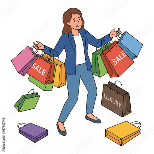 Woman holding multiple shopping bags while walking with a surprised expression in a store.