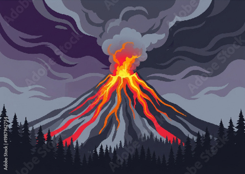 Dramatic volcano eruption with flowing lava, volcanic mountain landscape with smoke and ash clouds, dark forest wilderness under erupting volcano vector