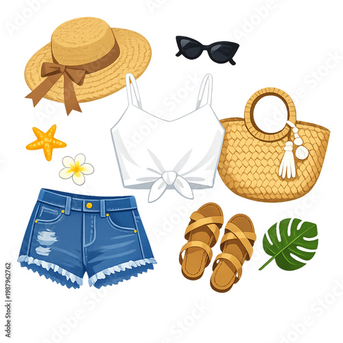 Summer essentials flat lay arrangement, summer essentials, flat lay, summer arrangement, beach accessories, vacation items, travel essentials, sunglasses, sunscreen, beach hat, flip flops, towel, coco