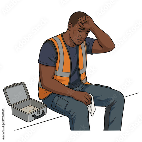 A man sits on a surface wiping sweat with a cloth near a first aid kit.