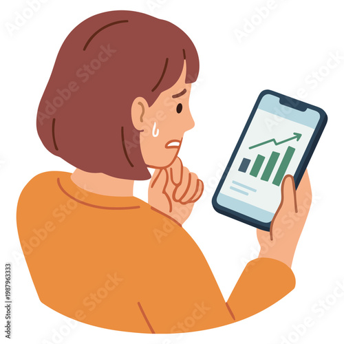 Woman displays concern while looking at a smartphone with a rising graph on the screen.