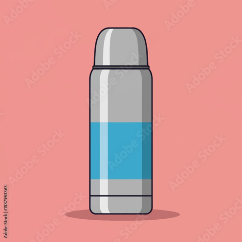 Detailed vector illustration of a silver stainless steel vacuum insulated thermos flask with a blue band and a screw-top cup lid, isolated on a solid pink pastel background graphic.
