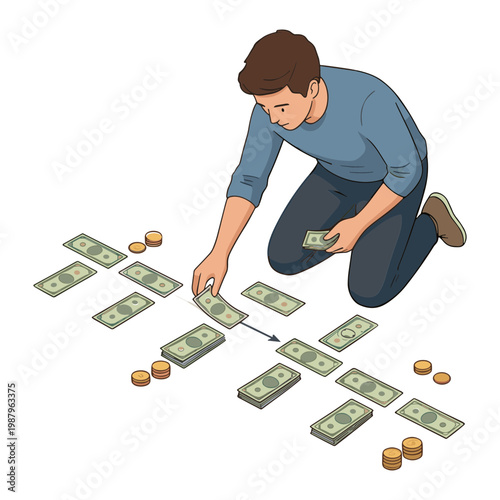 A man organizes money bills and coins on the ground carefully.
