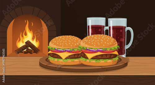 Two cheeseburgers with beef patties, cheese, lettuce, and tomato on a wooden board next to two glasses of cola with a fireplace background featuring burning logs and orange flames.
