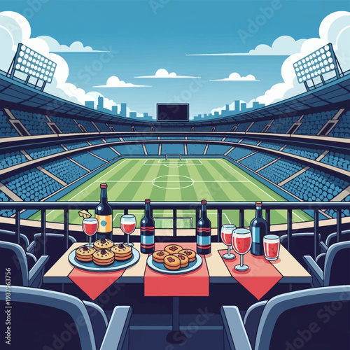 Luxury VIP suite seating in a modern stadium overlooking a green soccer field with a dining table featuring wine bottles, glasses, and pastries in a flat vector illustration.