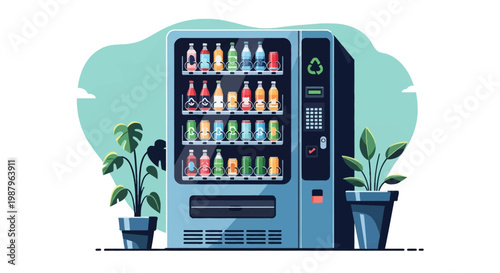 Modern blue vending machine vector illustration showing rows of bottled water, juice, and canned sodas, featuring a digital keypad, payment interface, and flanked by indoor potted plants.