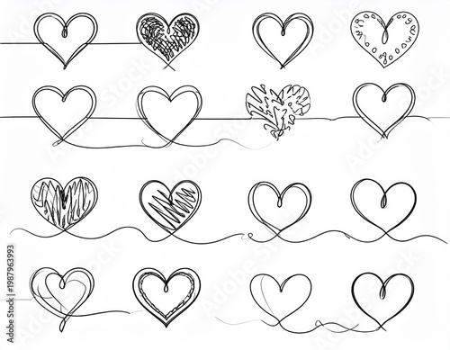 Hand-Drawn Heart Sketches and Heartbeat EKG Pulse Line Collection Isolated on White Background