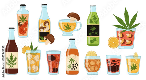 Flat vector illustration set of functional beverages and herbal elixirs featuring cannabis leaves, medicinal mushrooms, berries, and citrus slices in glass bottles and drinking glasses.