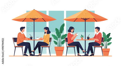 Flat vector illustration showing couples sitting at round tables in an outdoor cafe under orange umbrellas drinking coffee with green potted plants on a white background.