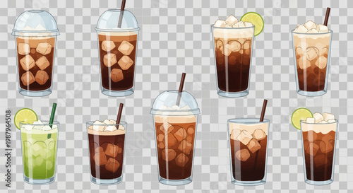 Set of vector illustrations featuring iced coffee and lime beverages in plastic takeaway cups with dome lids and glassware, including ice cubes, straws, and citrus garnishes.