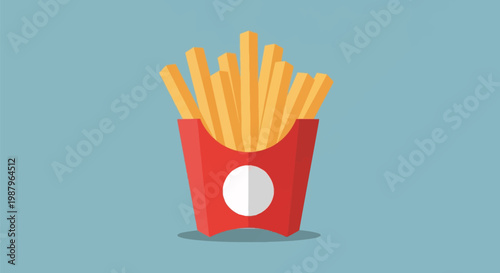 Minimalist flat vector illustration of crispy golden yellow potato french fries in a red cardboard container with a white circular logo, isolated on a light blue solid background.