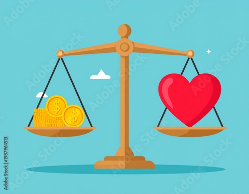Heart and Money Coins on Balanced Justice Scales Concept Illustration for Life and Work Harmony
