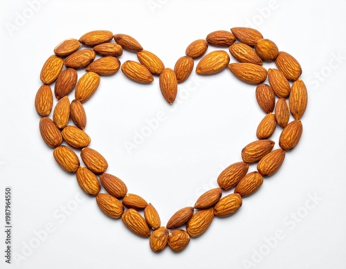 Heart Shape Formed with Roasted Almonds Isolated on White Background for Healthy Food Concept