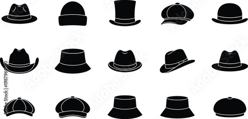 Hat silhouettes collection, headwear icons, fashion accessory vector, cowboy hat design, baseball cap graphic, vintage fedora illustration, stylish beanie symbol set