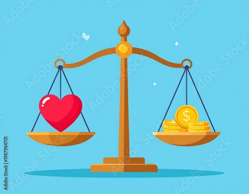 Heart and Money Coins on Balanced Justice Scales Concept Illustration for Life and Work Harmony