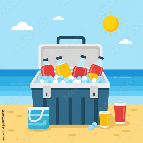 Vector illustration of an open blue portable cooler box filled with ice cubes and glass bottles of red and yellow drinks on a sandy beach with the ocean and a bright sun in the background.