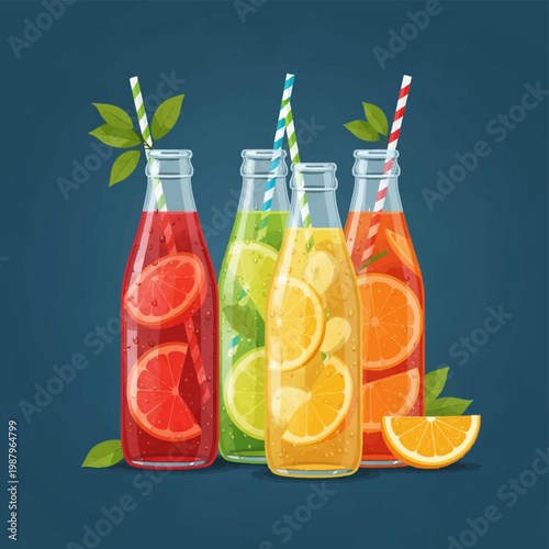 Vector illustration of four glass bottles containing colorful citrus juices with fruit slices and striped straws, featuring grapefruit, lime, lemon, and orange flavors.