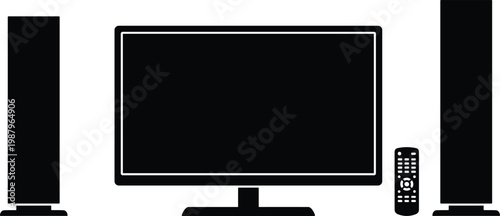 Home theater silhouette, flat screen television, audio visual entertainment system, modern speaker setup, remote control illustration, digital technology concept artwork