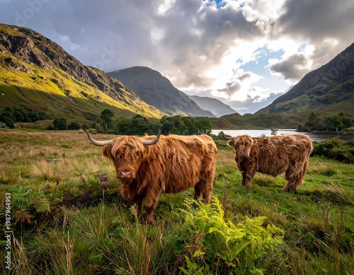 Highland Cattle Grazing in Scenic Scottish Glen with Mountains, Lake, and Dramatic Sunset Sky View
