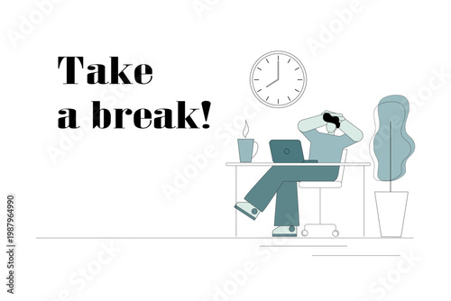 Take a break. A man sits at his desk in the office and takes a break. The work is done. A break in the middle of the workday.eps