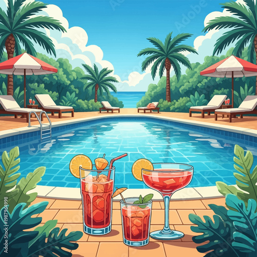 Vector art of tropical cocktails in glassware at a swimming pool edge with lounge chairs, umbrellas, palm trees, and ocean view in a flat illustration style for summer vacation.