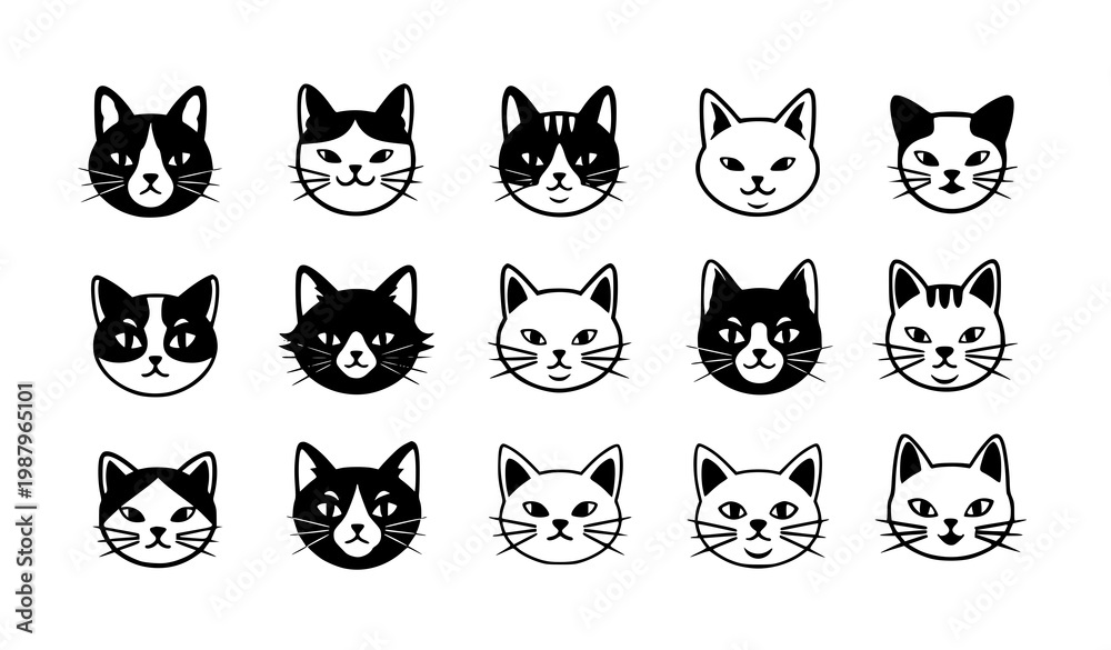 Fototapeta premium Cute black and white cat UI icons vector set with modern cartoon pet app design