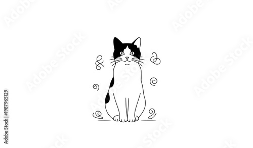 Outline cute black and white cat vector illustration with minimal cartoon line design