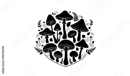 Mushroom silhouette badges vector set with elegant botanical emblem design