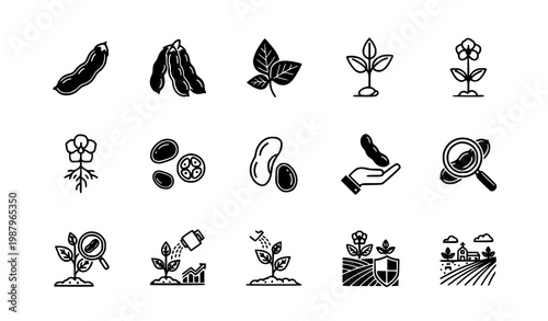Soybean plant UI icons vector set with black and white botanical leaf and pod design