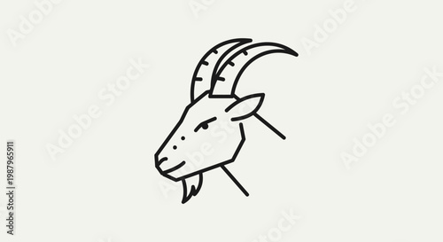 Minimalist line art illustration of a goat head with horns and a beard, simple animal drawing, clean design vector graphic