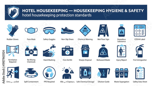 Hotel Housekeeping Hygiene and Safety Protection Standards Icon Set