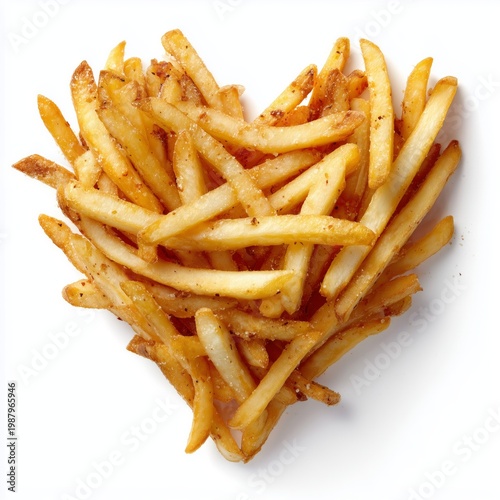 French fried potato sticks creating a heart shape on a white background