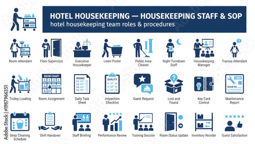 Hotel Housekeeping Staff Roles and SOP Standard Operating Procedure Icons Set