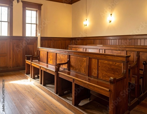Historic Interior with Dark Wood Wall Paneling, Built-in Benches, and a Colorful Stained Glass Window