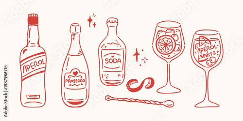 Aperol Spritz cocktail ingredients set in minimal red line art style, including prosecco, soda, and orange garnish.