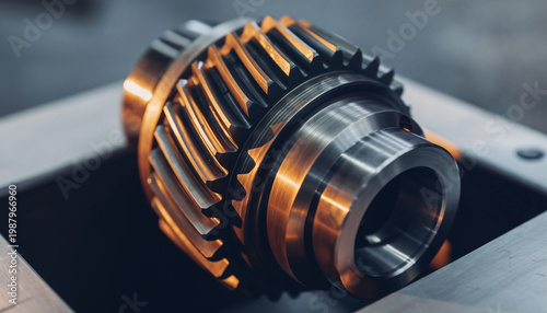 Close-up of a metallic gear or mechanical component with orange accents.